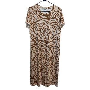 Nine‎ West Midi Dress Brown Zebra Print Casual T-Shirt Dress Large